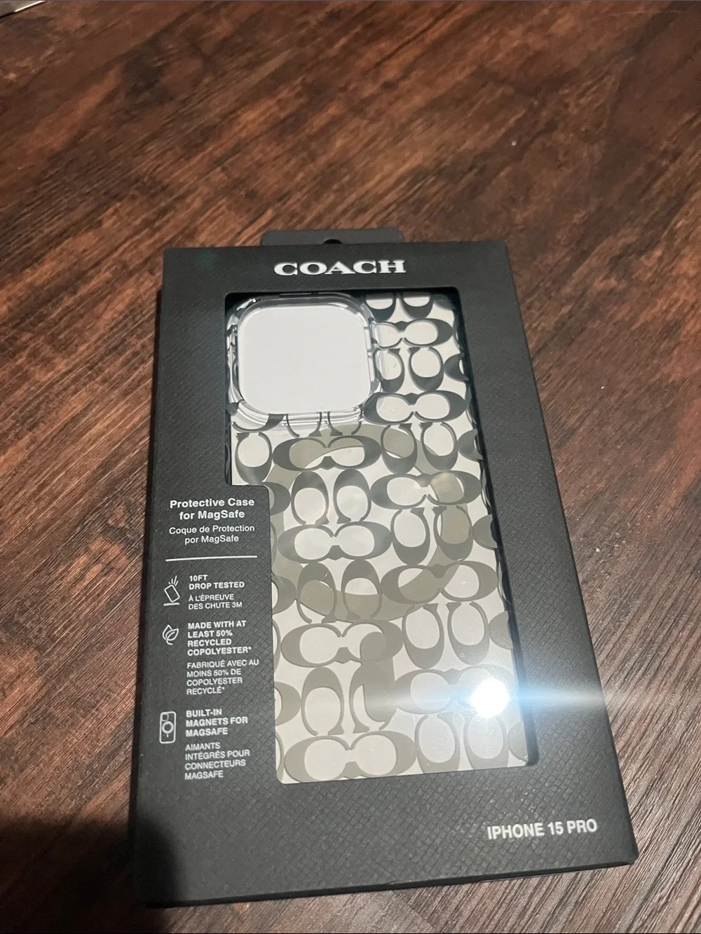 Coach iPhone 15 Pro Black Signature Clear MagSafe Phone Case New